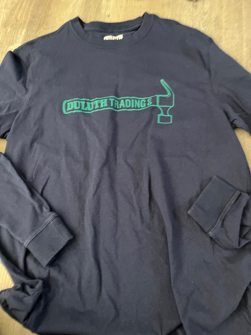 Duluth Trading Co Navy Long-Sleeve Tee with Teal Hammer Logo